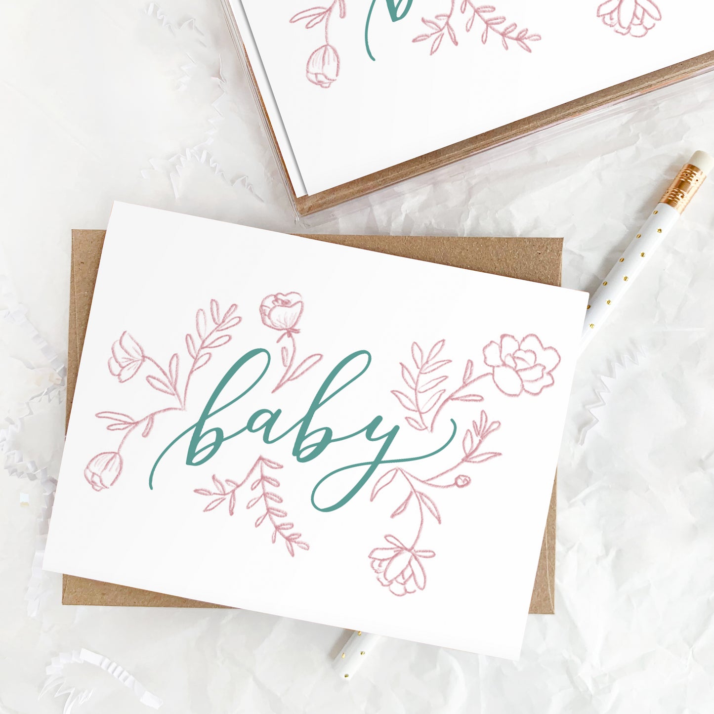 Greeting Card: Baby Calligraphy Florals, Gender Neutral