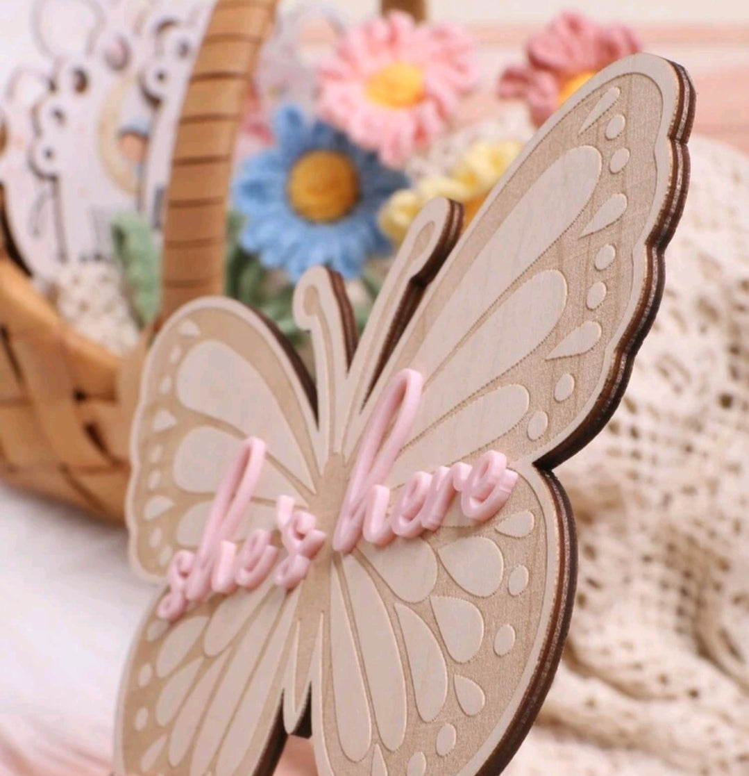 She's Here! Butterfly Announcement plaque