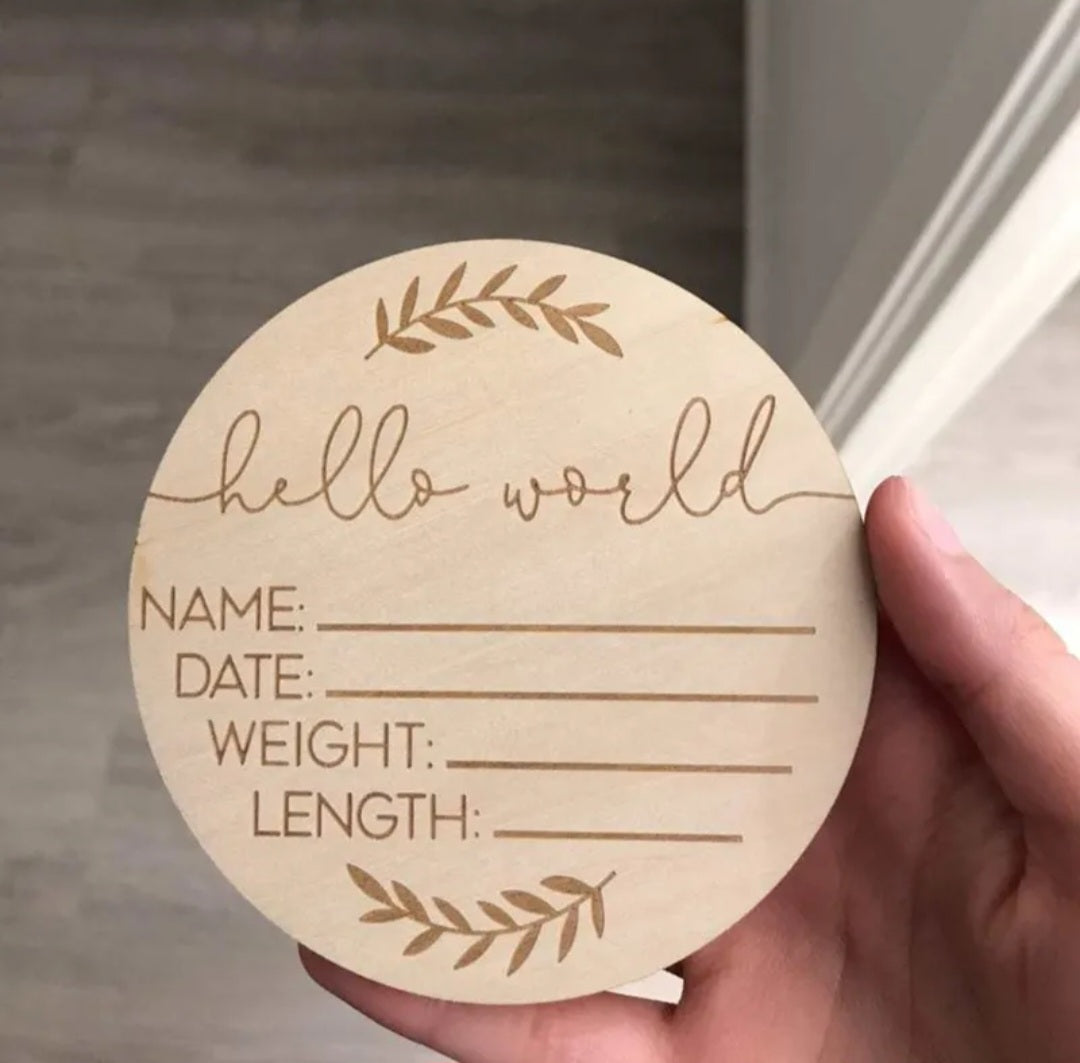 Hello World wood birth announcement sign