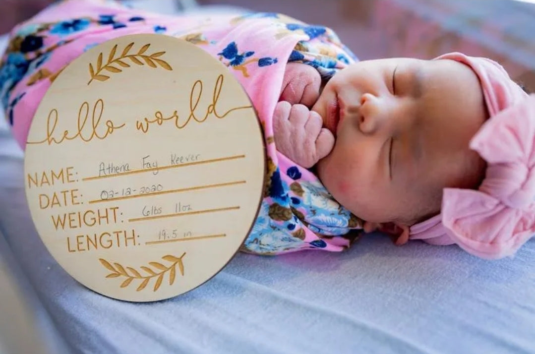 Hello World wood birth announcement sign