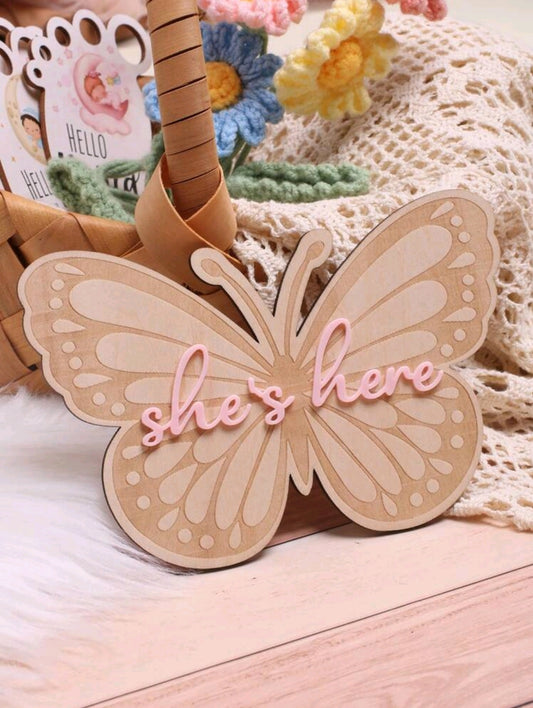 She's Here! Butterfly Announcement plaque